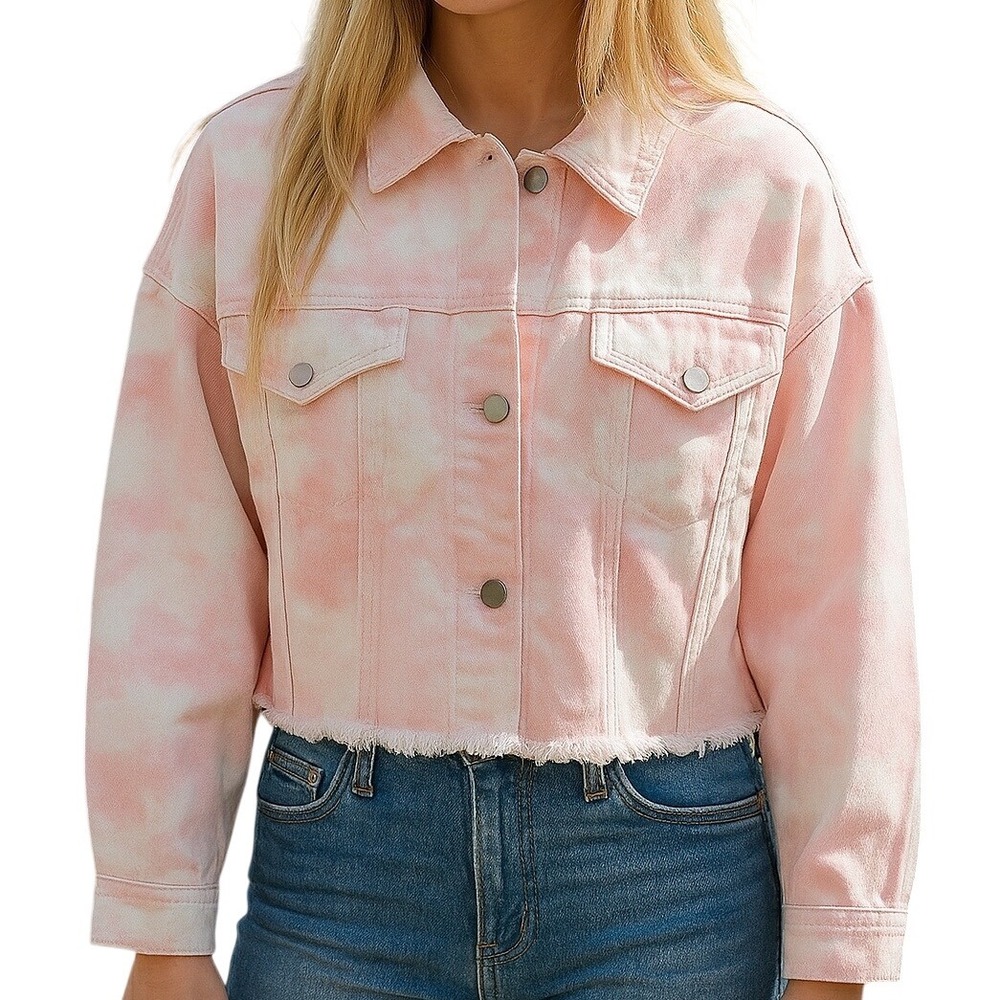 Elodie Tie Dye Print Raw Hem Cropped Button Front Trendy Jacket Pink‎ Size Large
